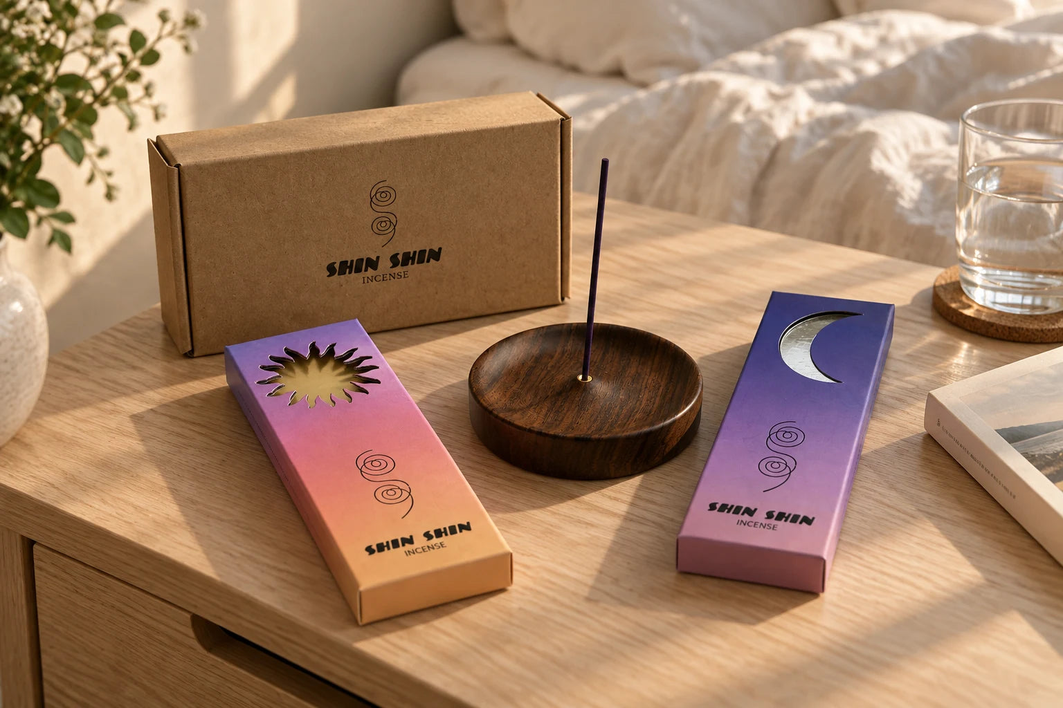 Dawn and Dusk gradient incense boxes with the wooden holder in warm morning light